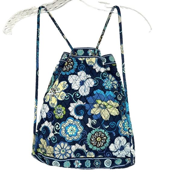 Vera Bradley Backpack Retired Mod Floral Blue Pattern Quilted Cotton Drawstring - Picture 4 of 13